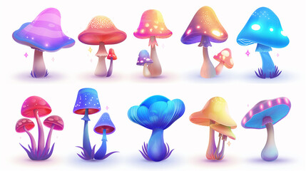 Asset of magic fantasy mushrooms isolation on white background, Illustration.