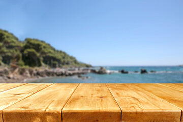 Desk of free space and summer time on beach. 