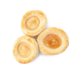 Delicious fresh puff pastry isolated on white, top view