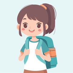 Happy smiling girl with backpack flat style vector illustration