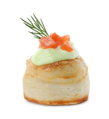 Delicious puff pastry with avocado cream, salmon and dill isolated on white