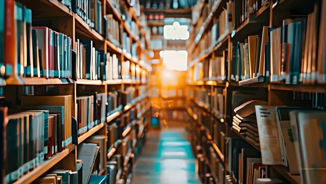 Slow motion zoom of a library bookshelves aisle against a sunset rays peeking through. Shallow depth of field, blurred background