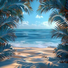 Blurred summer background with palm leaves and beach sand, blue sky and sea in morning sunlight. vacation on an island for banner design template. Summer travel concept background with empty space