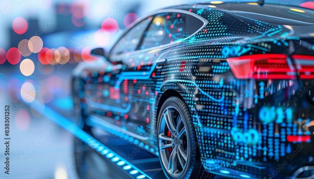Fototapete A high-tech car adorned with vibrant digital patterns symbolizes advanced automotive technology and AI integration in a modern setting