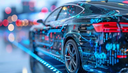 A high-tech car adorned with vibrant digital patterns symbolizes advanced automotive technology and AI integration in a modern setting