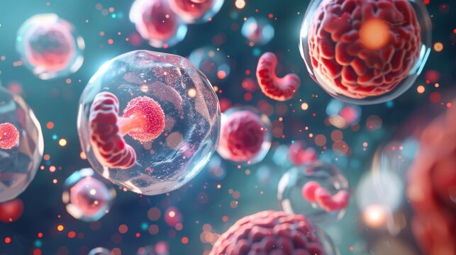 3D illustration of a group of human cells floating in a blue liquid.