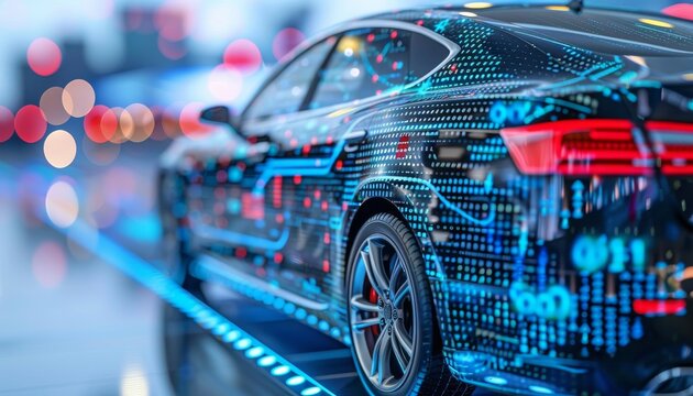 A high-tech car adorned with vibrant digital patterns symbolizes advanced automotive technology and AI integration in a modern setting