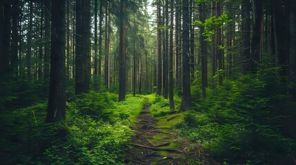 a dense, green forest with tall, slender trees and a pathway leading through the center. The forest appears to be located in a temperate climate and is likely to be a popular hiking spot