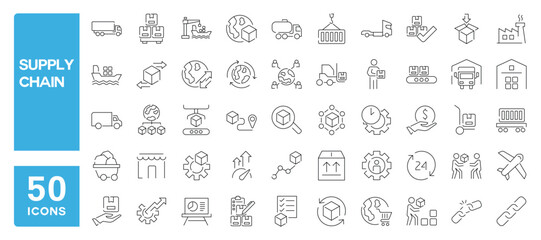 Set of 50 line icons related to supply chain, logistic, manufacturing, containing production, shipping, transportation, Editable stroke. Vector illustration