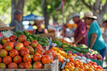 Vibrant farmers market with fresh vegetables and fruits