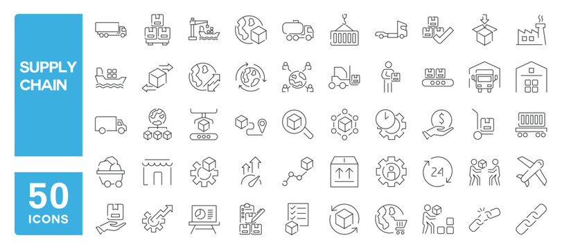 Set of 50 line icons related to supply chain, logistic, manufacturing, containing production, shipping, transportation, Editable stroke. Vector illustration