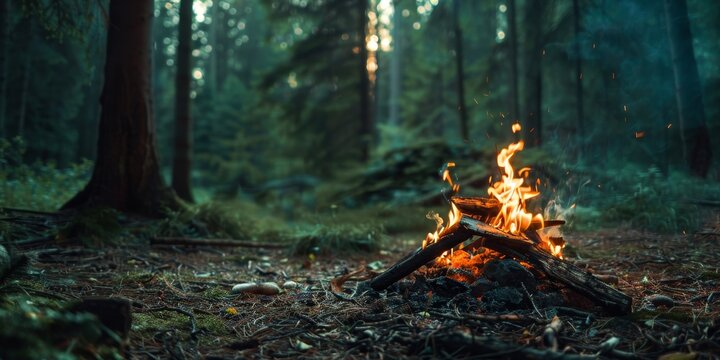 A campfire burns in a forest. The fire is surrounded by trees and moss. The light from the fire is warm and inviting.