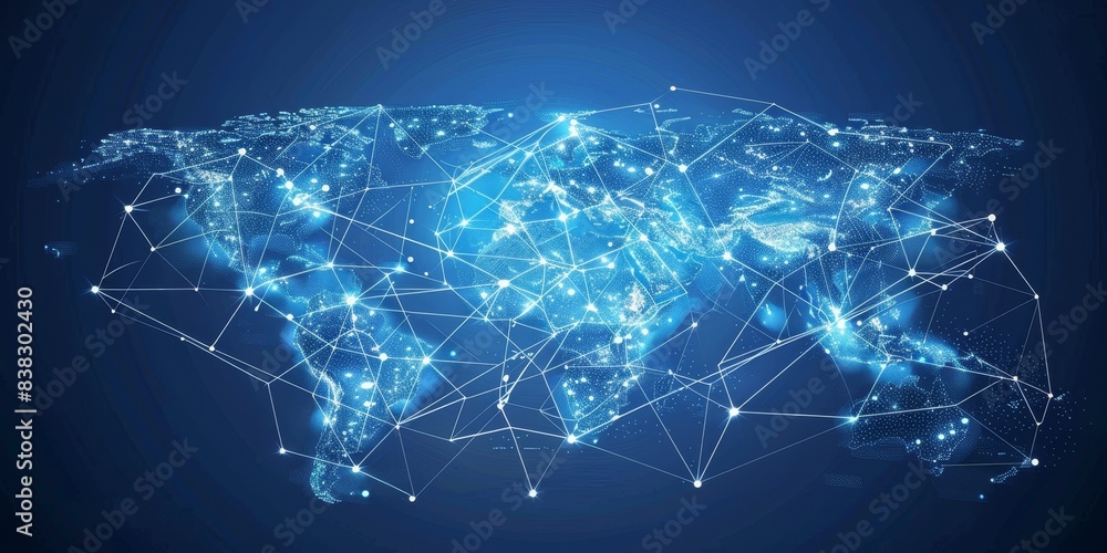 Poster abstract image of the world map. blue glowing dots connected by lines on dark blue background.