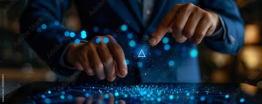 Poster businessman interacts with a virtual screen, highlighting a digital ai icon
