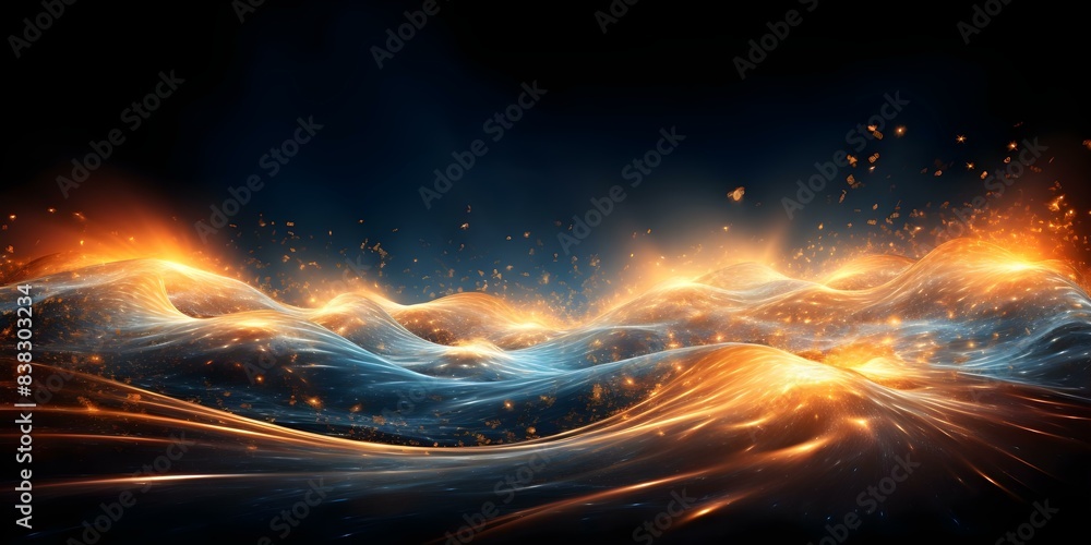 Poster visual music display with bright particles creating a wavelike effect. concept music visualization, 