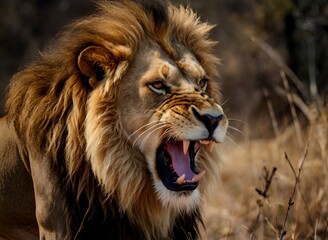 Photograph of the face of an angry lion in the forest