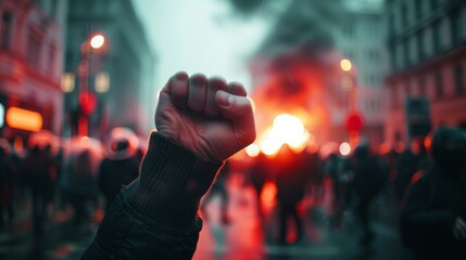 A raised fist of a protestor at a violent political demonstration