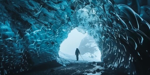 The Ice Cave. Amazing blue ice cave with a person walking through it.