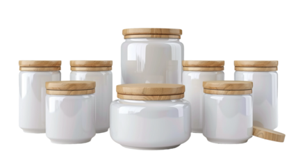 set of ceramic canisters with labeled lids, perfect for storing pantry essentials in the kitchen, isolated on a white background.