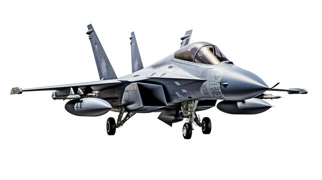 sleek fighter jet aircraft, isolated on a white background.