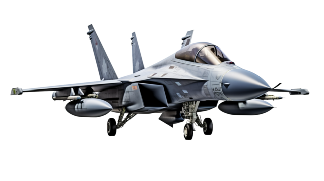 sleek fighter jet aircraft, isolated on a white background.