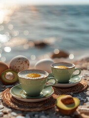 Fototapeta premium Breakfast avocado eggs and coffee by the sea. Selective focus.
