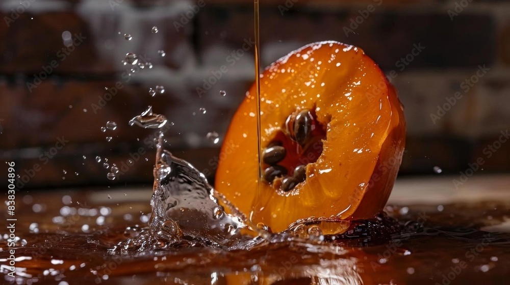 Poster close-up of an orange fruit sliced in half with water splashing, creating a dynamic and refreshing e