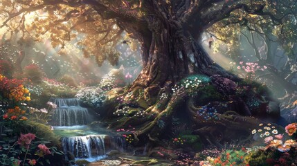 3d illustration of a fantasy wide panorama with a forest of big trees, summer floral roses, bluebell campanula flower bush stream water fall. Fantasy background, environment, future.