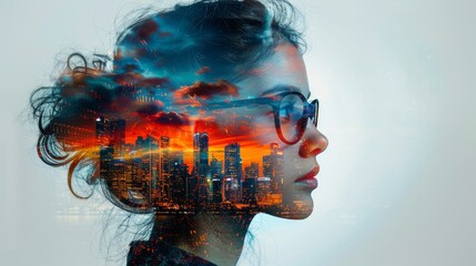 Fototapeta premium Portrait of a businesswoman with an office building.