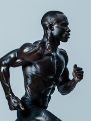 Muscular Athlete Running in Motion Against a Minimalist Background Showcasing Strength, Fitness, and Determination