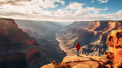 Fototapeta premium person standing top canyon view hiking explore success trip relax.