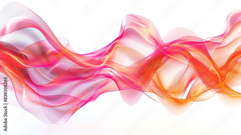 Poster vivid abstract waveforms with dynamic motion in shades of pink and orange, set against a crisp white