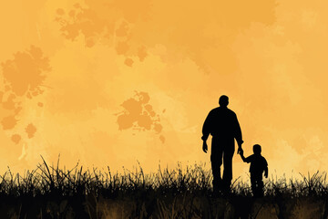 Fototapeta premium Dad and the kids are playing. Yellow background silhouette