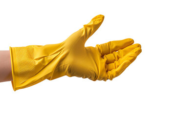 Close-up of a hand wearing a yellow glove. Ideal for cleaning, household, or hygiene purposes....