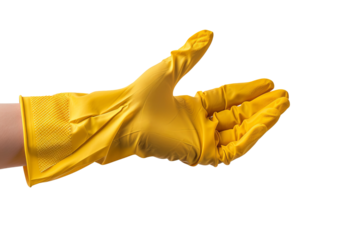 Close-up of a hand wearing a yellow glove. Ideal for cleaning, household, or hygiene purposes. Isolated on a white background.