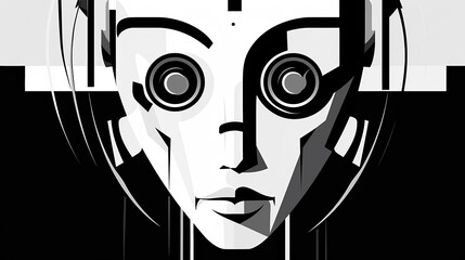 Stylized illustrator drawing of a humanoid robot, minimalist black and white, abstract background