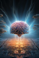Surreal image of a brain emitting light above a processor, intelligence theme, close perspective