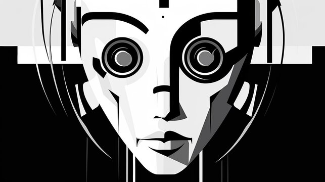 Stylized illustrator drawing of a humanoid robot, minimalist black and white, abstract background