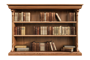 Elegant wooden bookshelf filled with vintage books. Perfect for a cozy library or study setting. A touch of classic charm and knowledge.