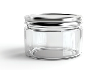 Clear glass jar with metal lid, ideal for storing food, cosmetics, or crafts. Isolated on white background.