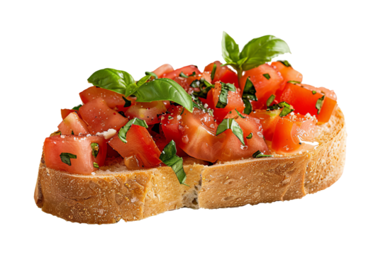 Fresh bruschetta with chopped tomatoes, basil, and seasoning on a slice of crusty bread, perfect for a delicious appetizer or snack.