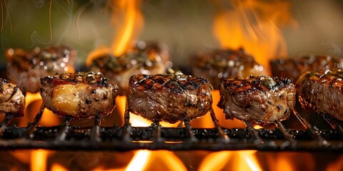 Food photography of grilling meat over an open flame for BBQ. Concept BBQ Grilling, Food Photography, Flame Broiled, Outdoor Cooking, Culinary Delight
