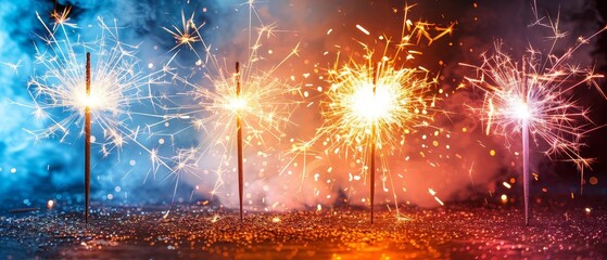 Colorful sparklers creating vibrant trails of light against a smoky background, perfect for festive and celebration-themed imagery.