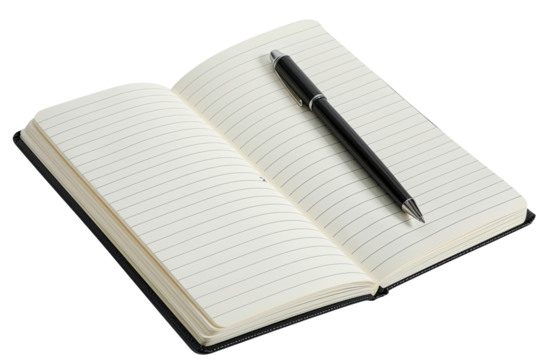 Open lined notebook with a black pen placed on it, ideal for writing, journaling, or note-taking in a clean and simple workspace.