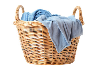 Wicker laundry basket filled with soft blue blankets, perfect for home organization, laundry room decor, and cozy living spaces.