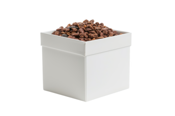 White square container filled with roasted coffee beans. Ideal for coffee lovers and baristas. Simple, elegant packaging for a modern feel.
