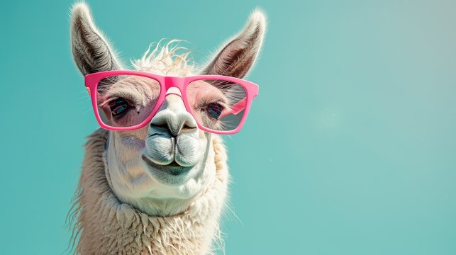 A playful and eye-catching portrait of a llama wearing vibrant pink glasses, set against a soft cyan background, emphasizing quirky animal fashion.
