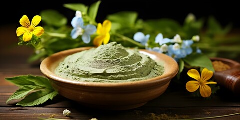 Fototapeta premium Green clay powder spa treatments with herbs and flowers on natural background. Concept Green Clay Powder, Spa Treatments, Herbs and Flowers, Natural Background