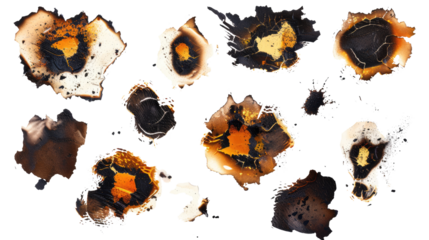 AVarious abstract burnt paper textures displayed against a black background, showcasing unique patterns and charred edges in isolated on transparent and white background