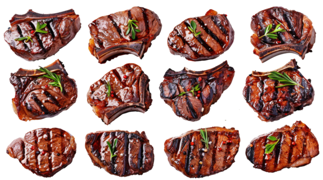 A collection of nine perfectly grilled steaks, with char marks and a juicy, cooked appearance in isolated on transparent and white background